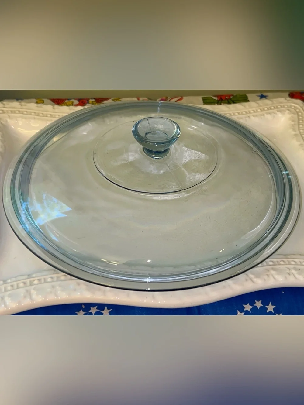 Vintage Clear Blue Glass Casserole Lid9.5in outer Diameter 8.5in inner diameter